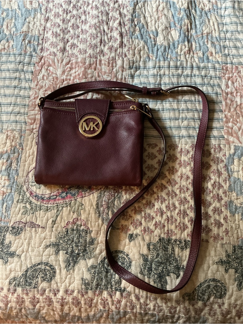 Michael Kors Maroon Leather Crossbody with Gold MK Emblem
